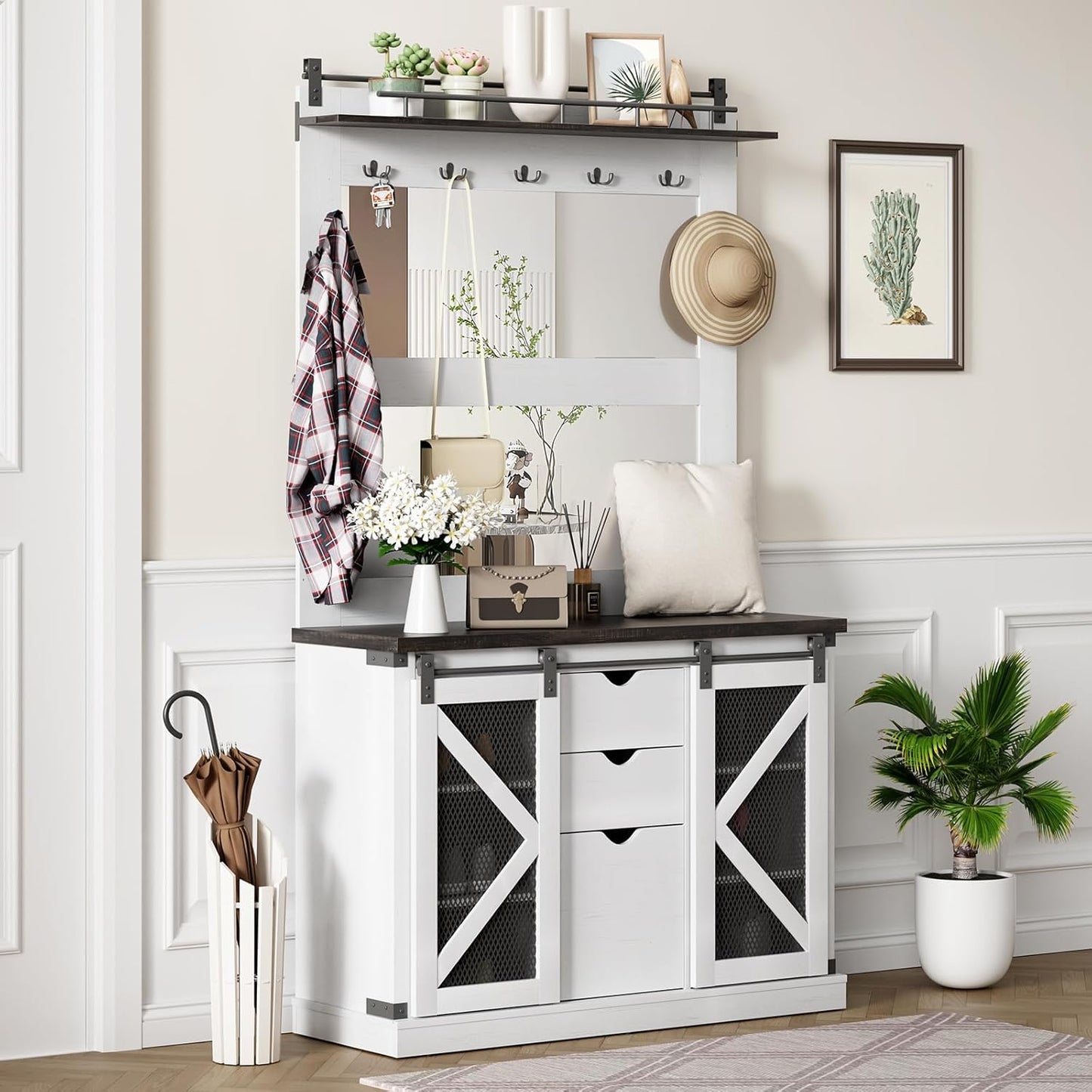 77 Inch Coat Rack with Shoe Storage Cubbies and 3 Drawers, Entryway Furniture with 2 Mirrors, 7 Coat Hooks and Sliding Barn Doors, Mudroom Storage Cabinet, White
