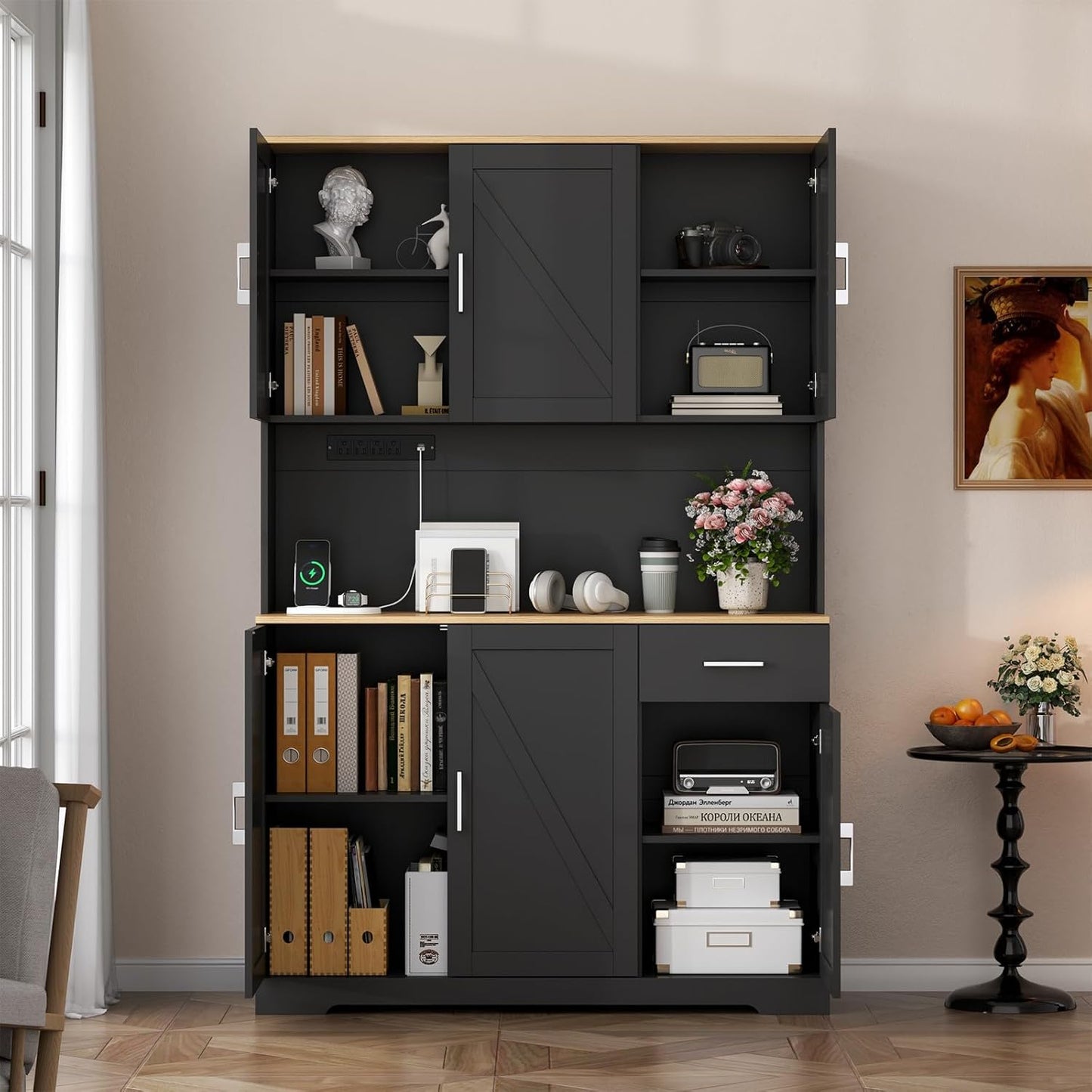 71’’ Farmhouse Kitchen Pantry Cabinet, Tall Storage Cabinet with Power Outlet, Freestanding Hutch with Drawer, 4 Adjustable Shelf & 6 Doors for Kitchen Living Room (Black)