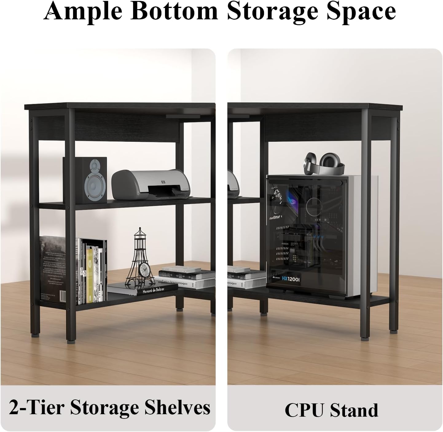 Corner Desk with Outlets & USB Ports, 90 Degree Triangle Corner Table with CPU Stand & Storage Shelves for Small Space, Computer Table with Charging Station for Home Office Bedroom (Black)