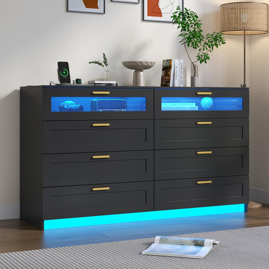 8 Drawers Dresser with Charging Station, White Dresser for Bedroom with LED Lights, Modern Chest of Drawers for Closet, Double Wide Dressers Organizer for Bedroom, Living Room, Entryway (Black)