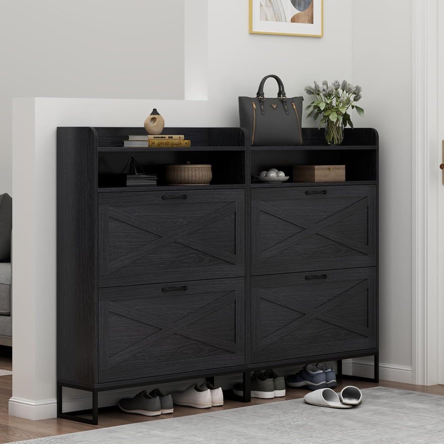 Shoe Cabinet, Freestanding Tipping Bucket Shoe Storage Cabinet with 2 Flip Drawers, Entryway Shoe Rack with Storage Top Cubby, Narrow Slim Hidden Shoe Organizer with Doors (Black)