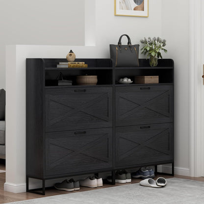 Shoe Cabinet, Freestanding Tipping Bucket Shoe Storage Cabinet with 2 Flip Drawers, Entryway Shoe Rack with Storage Top Cubby, Narrow Slim Hidden Shoe Organizer with Doors (Black)