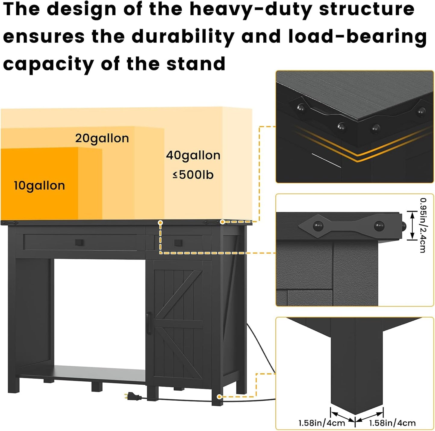 40 Gallon Aquarium Stand With Charging Station, Farmhouse Fish Tank Stand, Reptile Tank Stand Terrarium Stand with Drawer and Cabinet Storage, Sturdy Heavy Duty 41.9"×18.3" Tabletop - Black