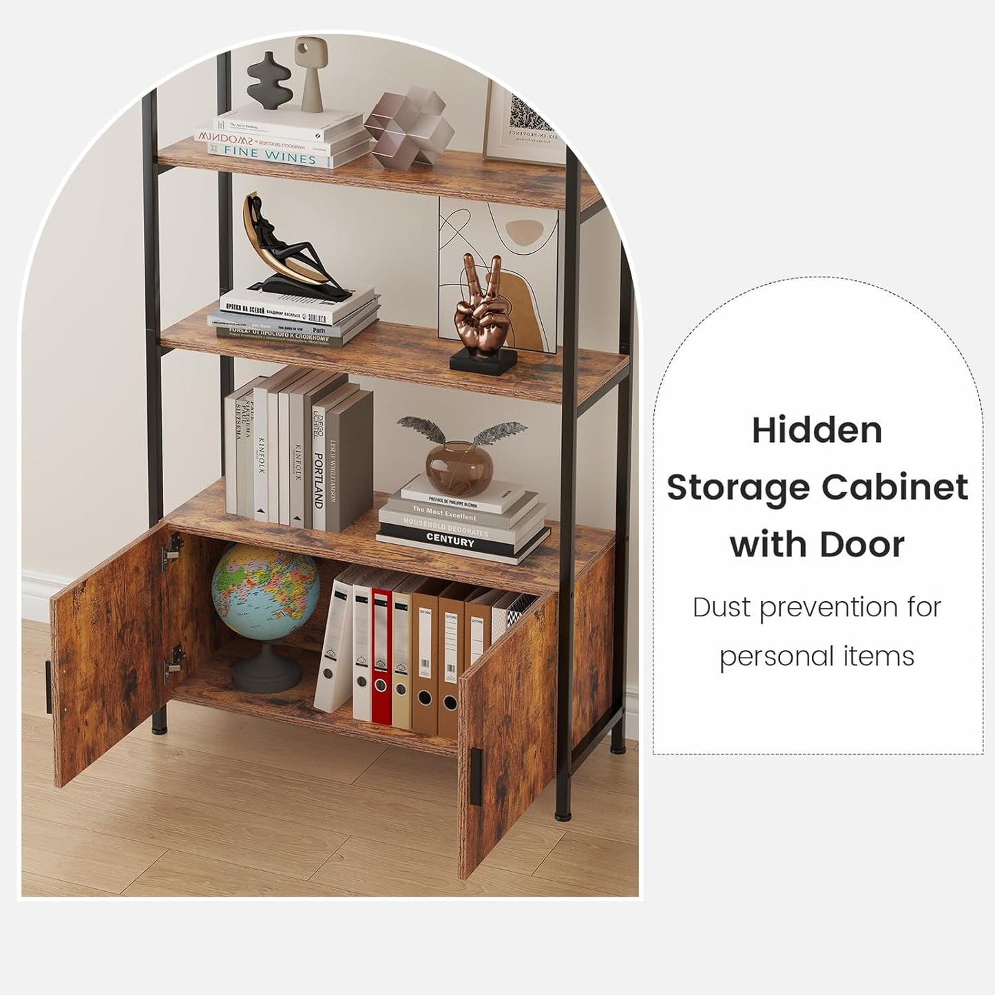 Arched Bookshelf with Doors, 71" Tall Industrial Bookcase with Sturdy Metal Frame, Vintage Display Shelving Unit, Rustic Geometric Book Shelf for Lving Room, Bedroom, Home Office