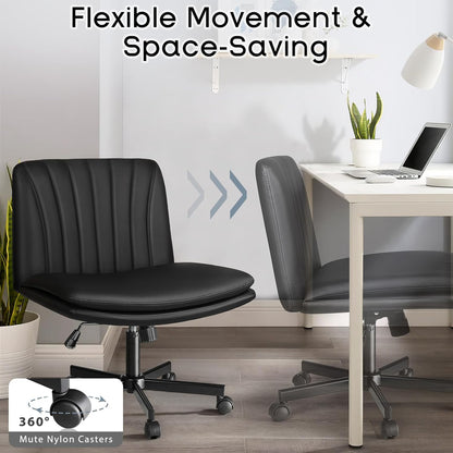 Modern Black Criss Cross Office Chair, Comfy Cross Legged Desk Chair with Wheels, PU Leather Armless Makeup Vanity Chair, Swivel Height Adjustable Mid Back Wide Seat Computer Task Chair