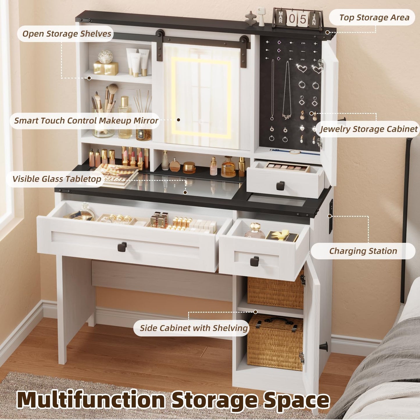 42" Farmhouse Makeup Vanity Desk with Lighted Mirror & Power Strips, Vanity Table with Sliding Barn Door, Open & Hidden Shelves, Drawers, Jewelry Cabinet, White Dressing Table, Light