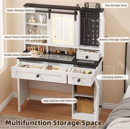 42" Farmhouse Makeup Vanity Desk with Lighted Mirror & Power Strips, Vanity Table with Sliding Barn Door, Open & Hidden Shelves, Drawers, Jewelry Cabinet, White Dressing Table, Light