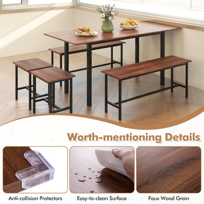 Dining Table Set for 4-6, 5-Piece Kitchen Table Chairs Set, 63” Extendable Table with 2 Benches, 2 Stools, Dinette Table Set, Breakfast Nook Table Set, Dining Room Table Set