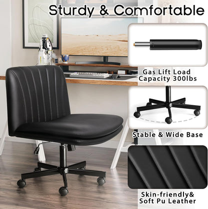 Modern Black Criss Cross Office Chair, Comfy Cross Legged Desk Chair with Wheels, PU Leather Armless Makeup Vanity Chair, Swivel Height Adjustable Mid Back Wide Seat Computer Task Chair