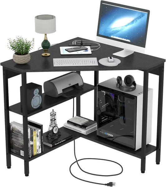 Corner Desk with Outlets & USB Ports, 90 Degree Triangle Corner Table with CPU Stand & Storage Shelves for Small Space, Computer Table with Charging Station for Home Office Bedroom (Black)