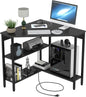 Corner Desk with Outlets & USB Ports, 90 Degree Triangle Corner Table with CPU Stand & Storage Shelves for Small Space, Computer Table with Charging Station for Home Office Bedroom (Black)