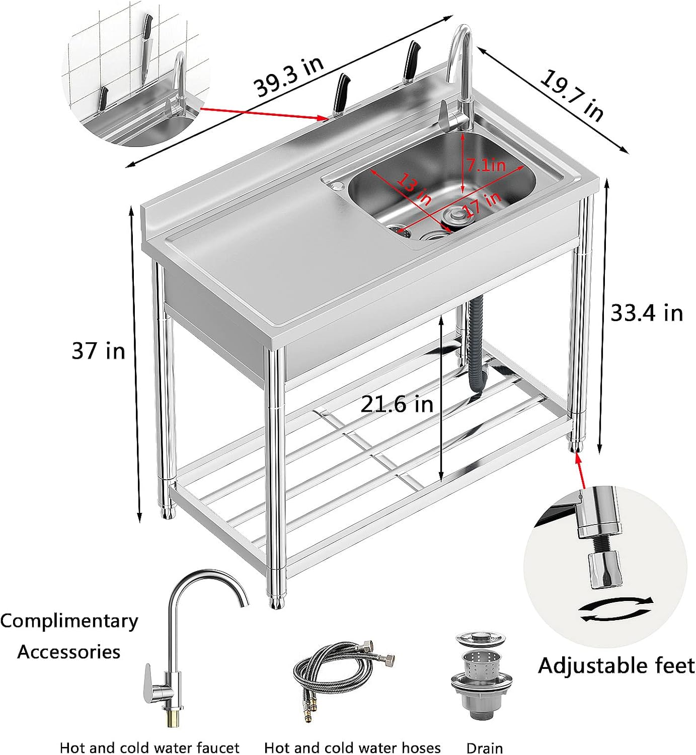 Free Standing Stainless-Steel Single Bowl Commercial Restaurant Kitchen Sink Set w/Faucet & Drainboard, Prep & Utility Washing Hand Basin w/Workbench & Storage Shelves Indoor Outdoor (39 in)
