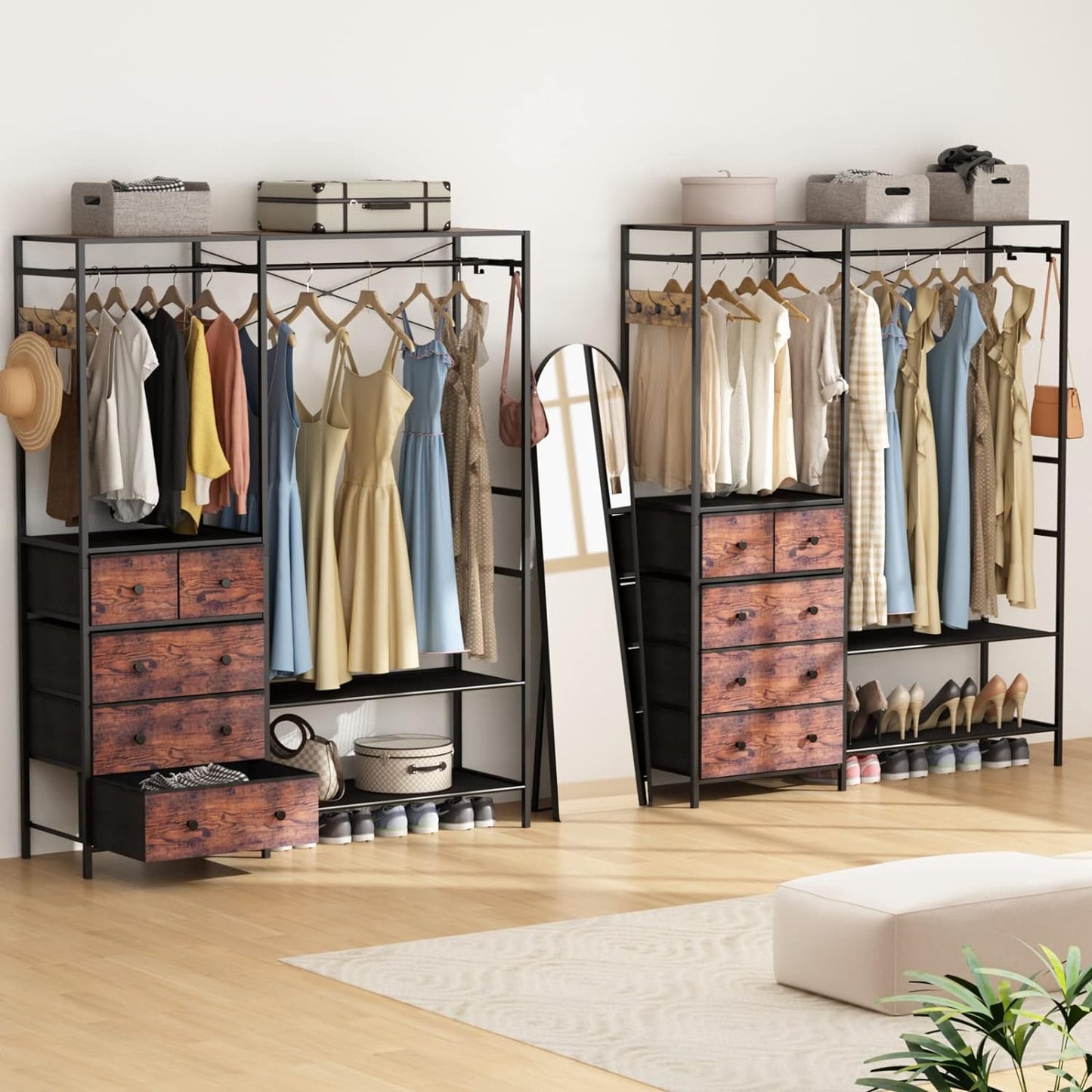 Heavy Duty Clothes Rack with 5 Drawers & 4 Storage Shelves, 70.9Hx59.1W Clothing Rack with 2 Hanging Rods, Wardrobe Closet Rack with 5 Hooks, Freestanding Garment Rack (Rustic Brown)