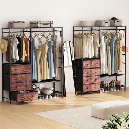 Heavy Duty Clothes Rack with 5 Drawers & 4 Storage Shelves, 70.9Hx59.1W Clothing Rack with 2 Hanging Rods, Wardrobe Closet Rack with 5 Hooks, Freestanding Garment Rack (Rustic Brown)