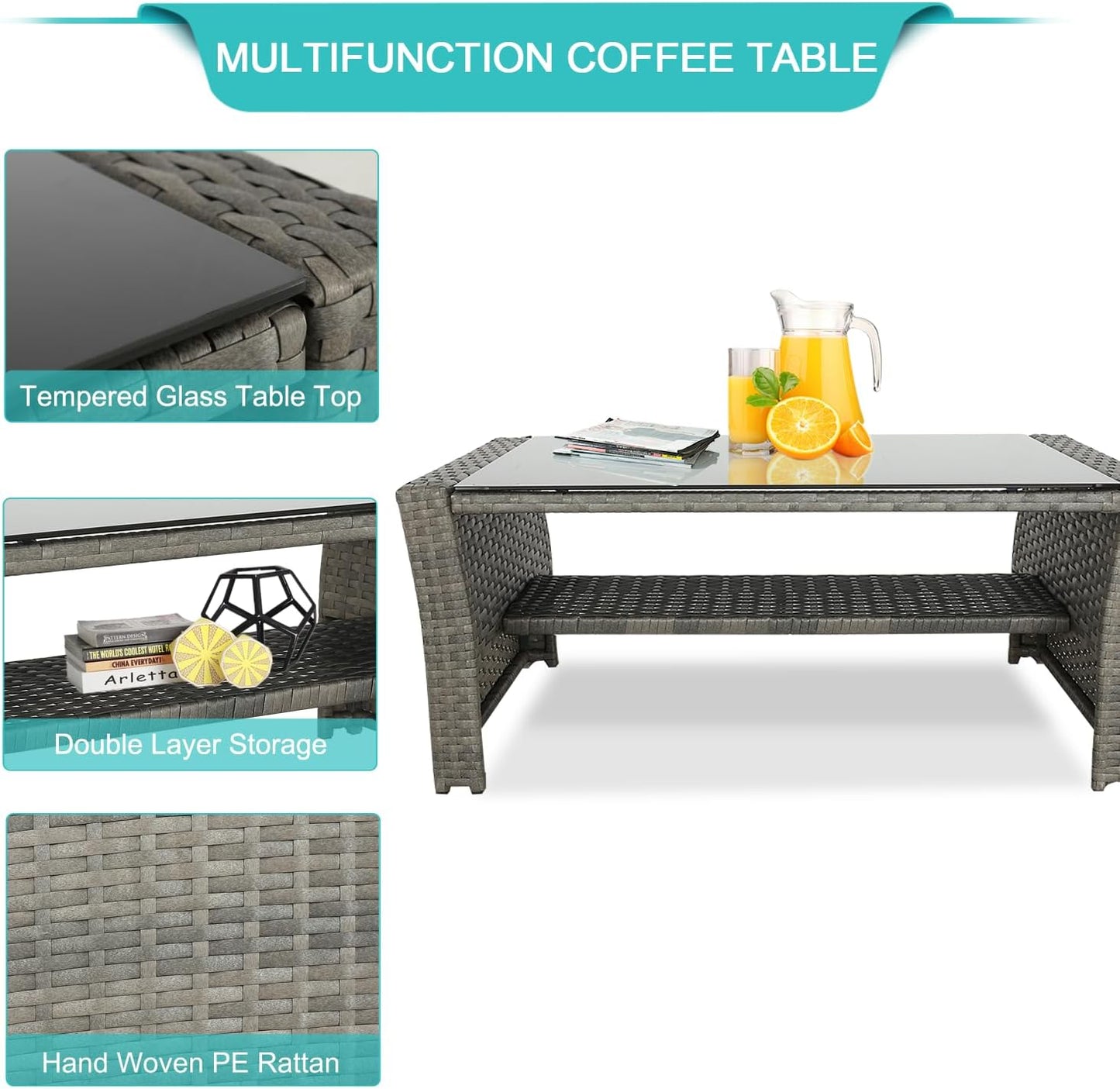 4-Piece Outdoor Rattan Patio Furniture Set Wicker Chairs Table w/ Cushions