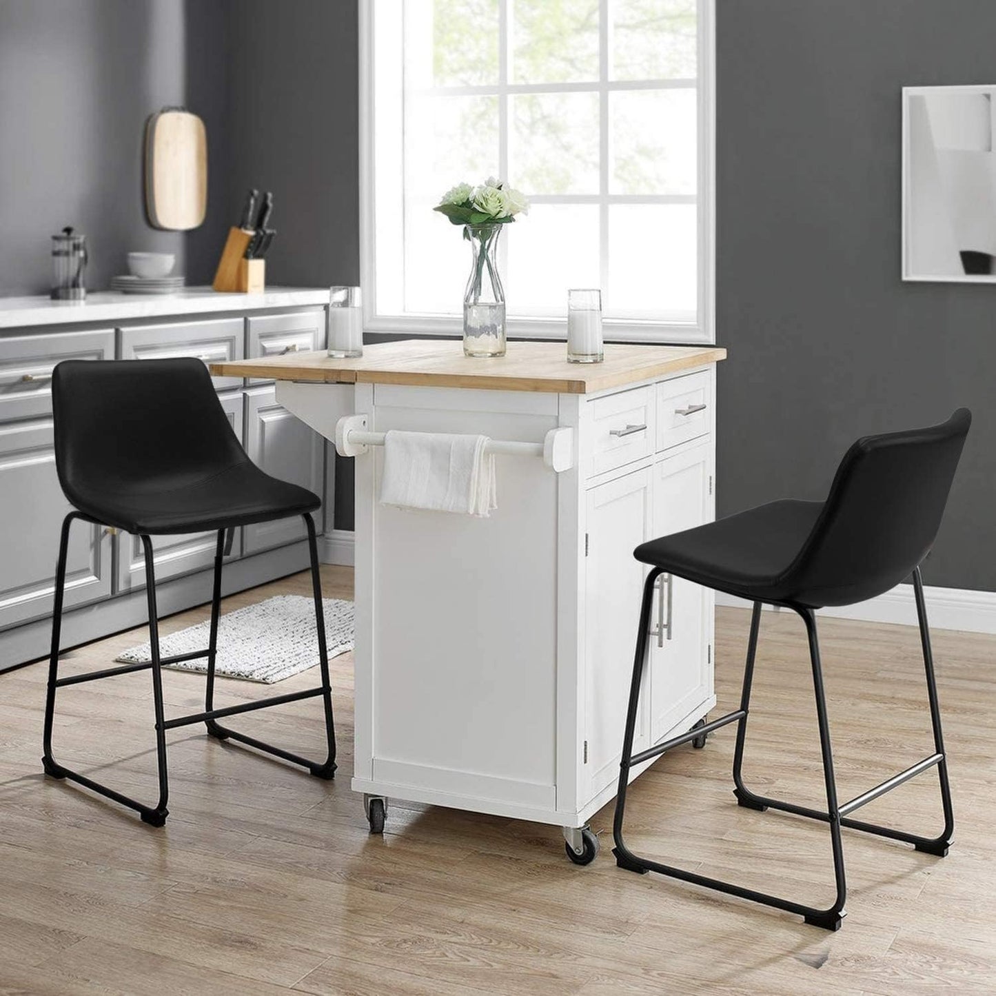 26 inch Bar Stools Set of 2,Counter Height Bar Stools with Back, Modern PU Leather Stools with Metal Leg and Footrest (2 Pcs 26" Counter Height Barstools)