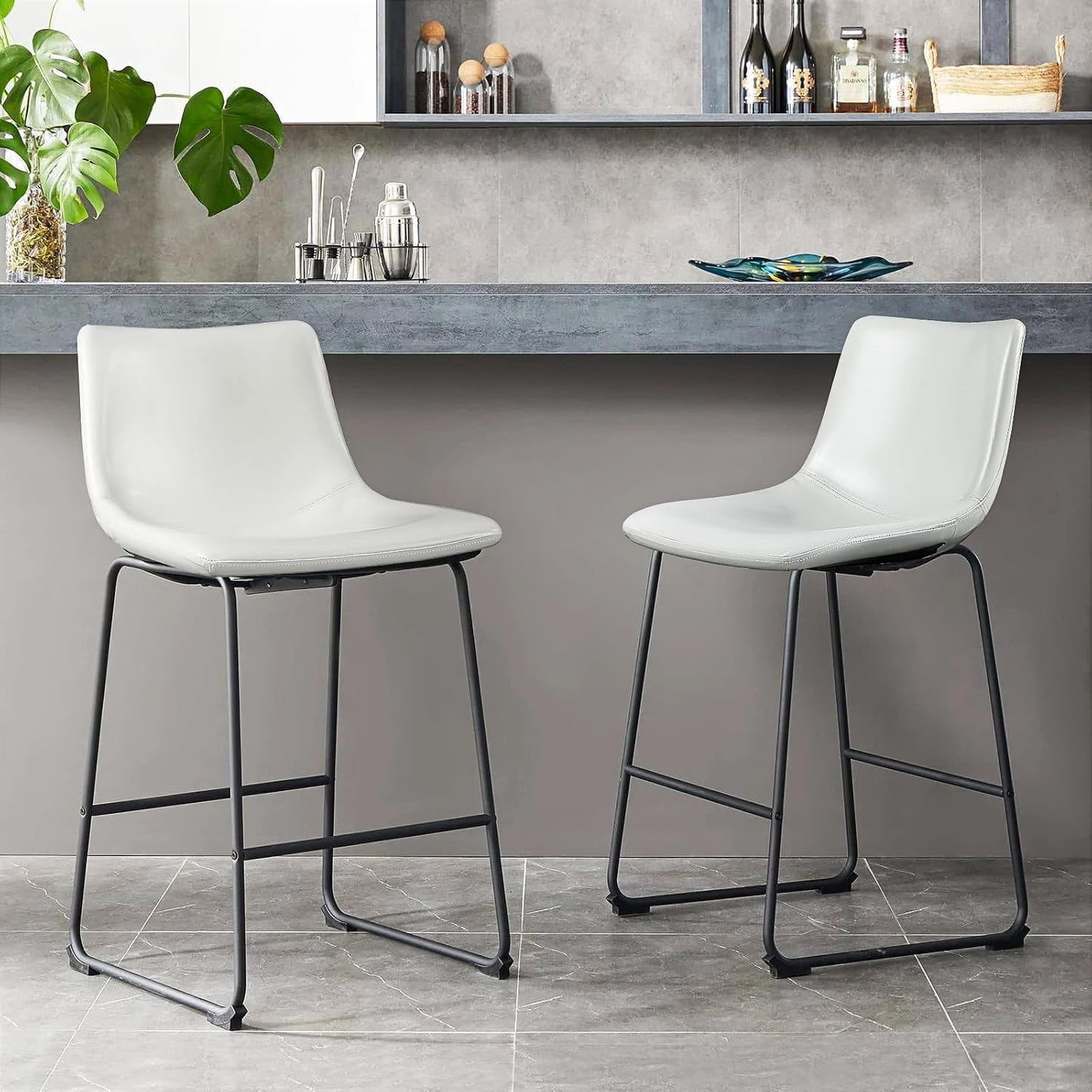 Counter Height Bar Stools Set of 2,Barstools with Back,Faux Leather Counter Stools for Kitchen Island,Modern Bar Chairs with Metal Legs(White, 26")