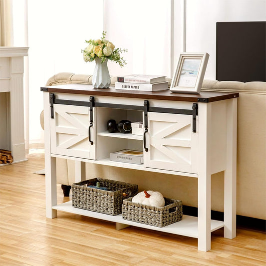 Entryway Table with Sliding Barn Doors, 46'' Farmhouse Console Table with Storage, Rustic Sofa Table with Adjustable Shelf & Open Shelf for Entry Way, Hallway, Living Room, White
