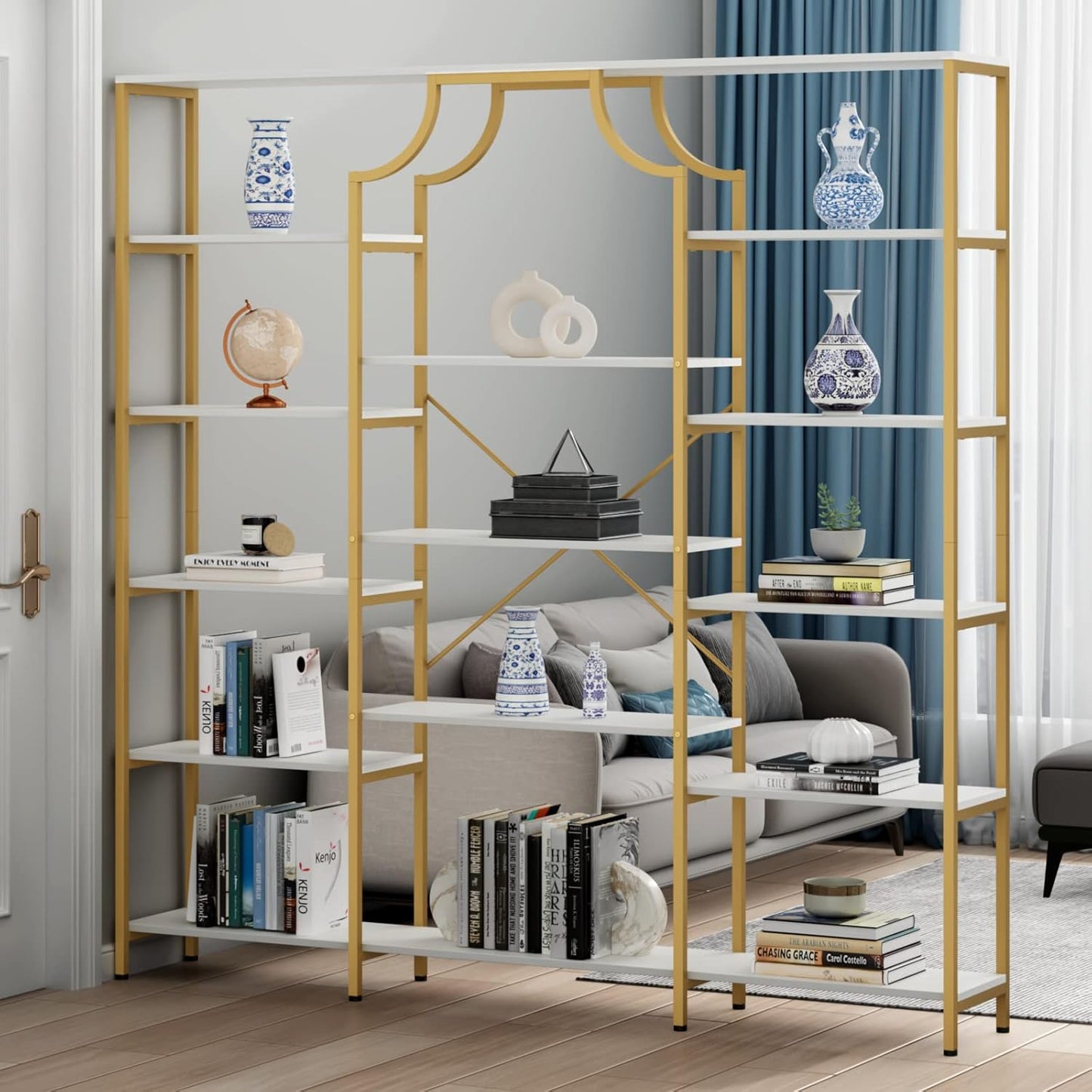 Triple Wide Bookshelf, 70.87" W/H Large Tall Etagere Bookcase, Modern 13-Open Shelves Geometric Bookshelf, Display Storage Metal Book Case, for Bedroom, Home Office & Living Room, Gold & White