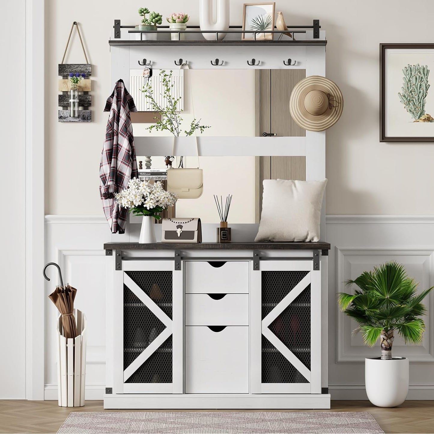 77 Inch Coat Rack with Shoe Storage Cubbies and 3 Drawers, Entryway Furniture with 2 Mirrors, 7 Coat Hooks and Sliding Barn Doors, Mudroom Storage Cabinet, White