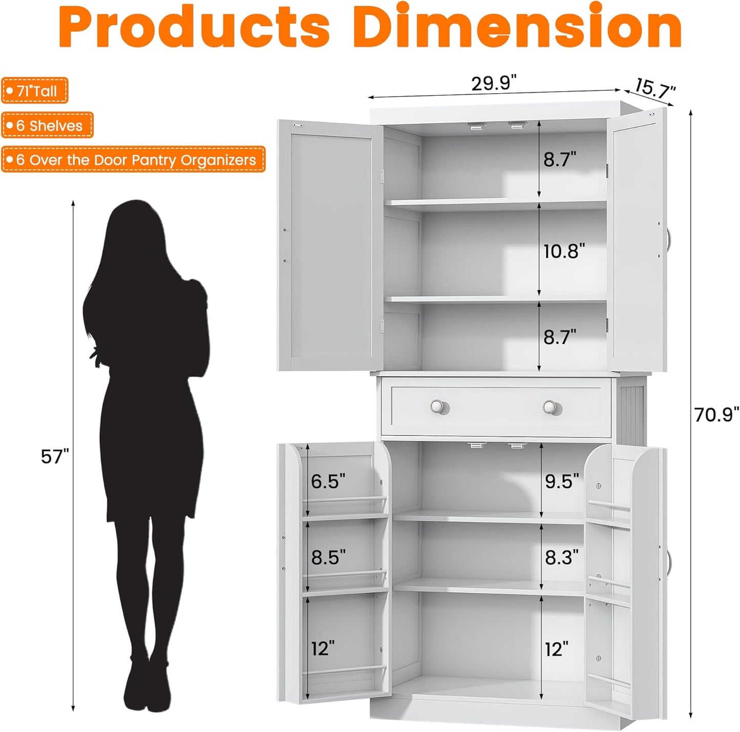 72“ Kitchen Pantry Cabinet White, Tall Pantry Storage Cabinet with Adjustable Shelves and Drawer, Kitchen Buffet Cupboards Sideboard for Home Office Use (16" D x 30" W x 72" H)