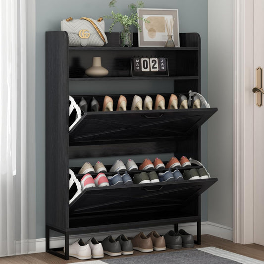 Shoe Cabinet, Freestanding Tipping Bucket Shoe Storage Cabinet with 2 Flip Drawers, Entryway Shoe Rack with Storage Top Cubby, Narrow Slim Hidden Shoe Organizer with Doors (Black)