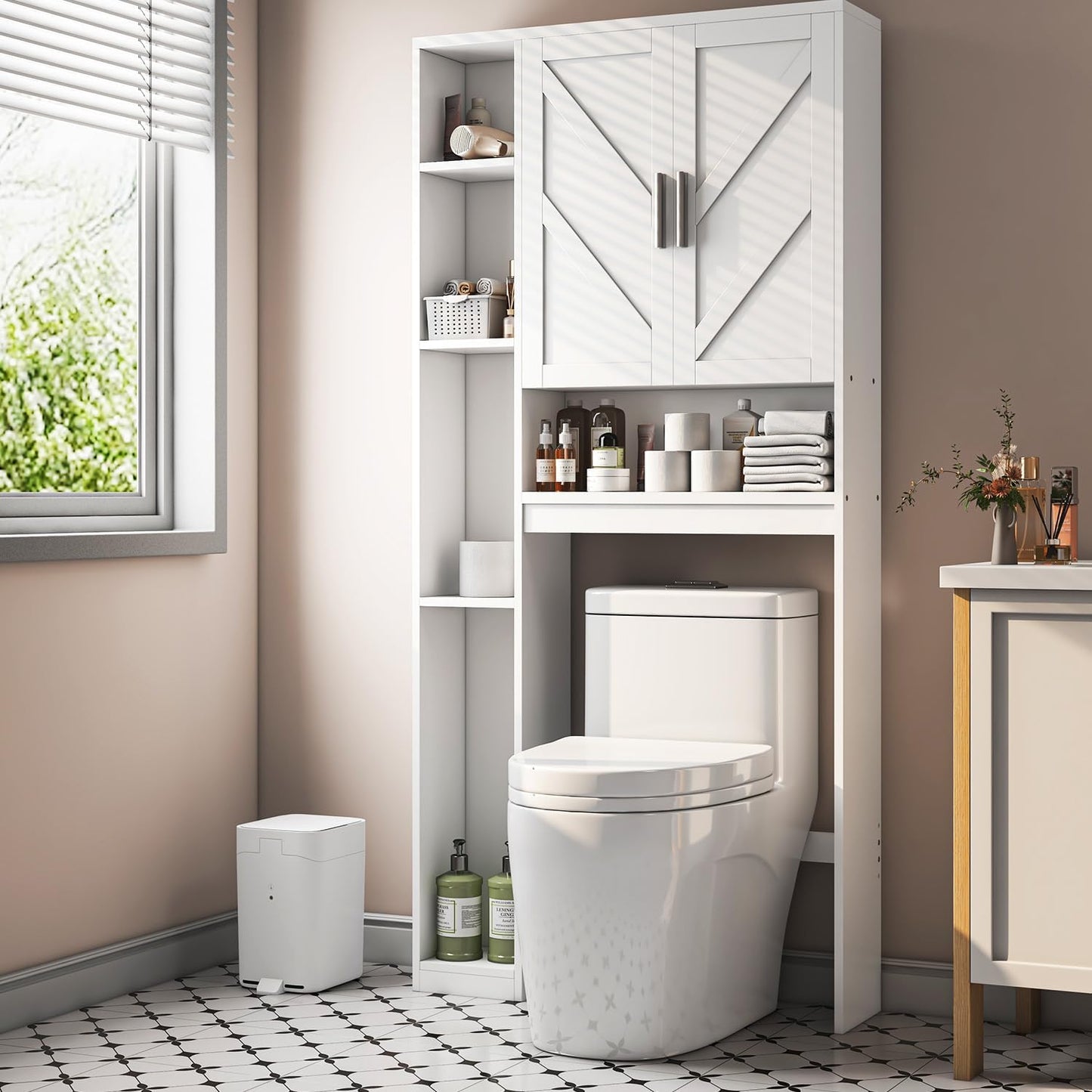 Over The Toilet Storage Cabinet with 7 Storage Shelves, Above Toilet Bathroom Organizer with Toilet Paper Holder Stand, Behind Toilet Cabinet, Space Saver for Restroom, Bathroom, Laundry, White