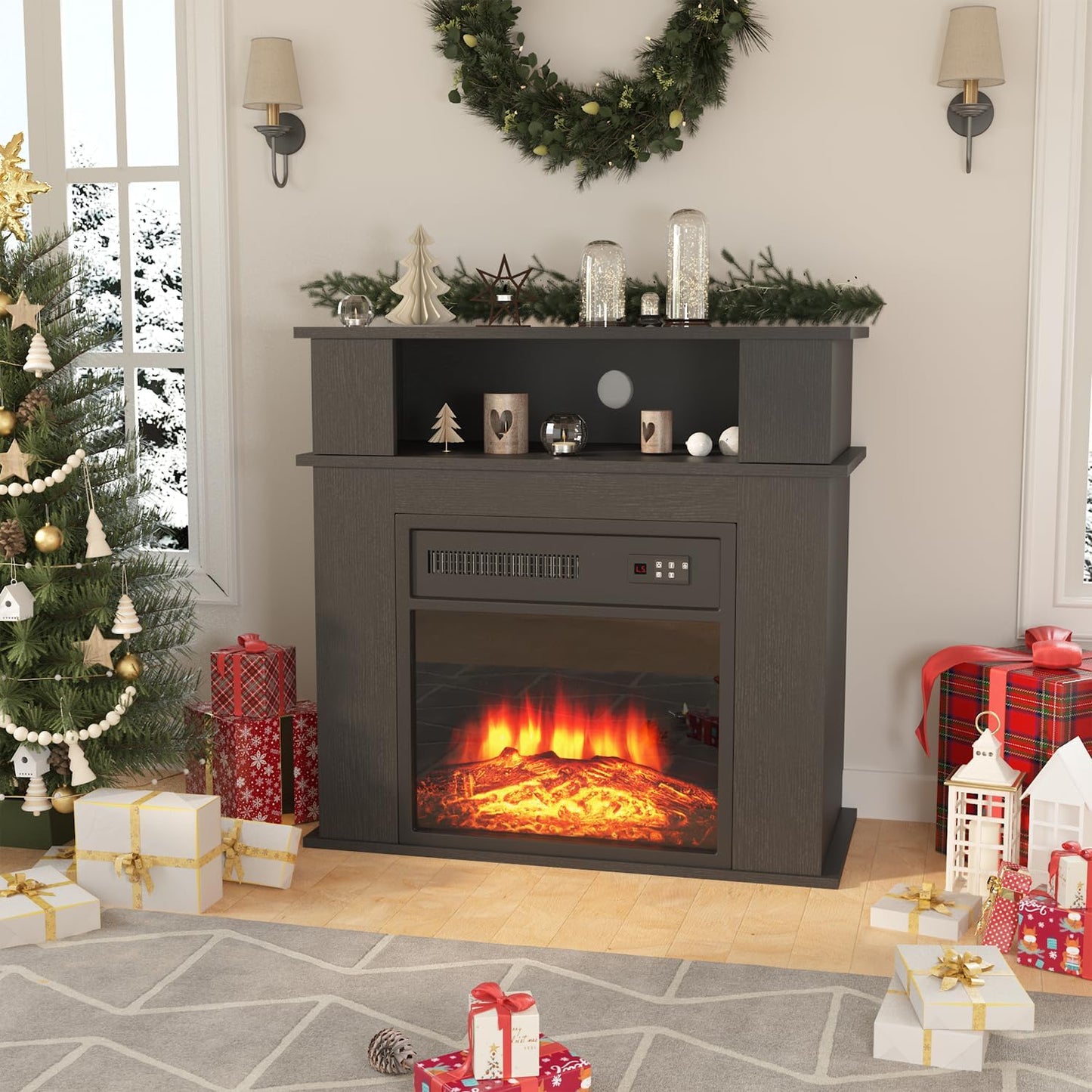 28" Electric Fireplace with Mantel, Small Fireplace tv Stand with 18" Fireplace Insert, 3D Realistic Flame, Portable Freestanding Fireplace with a Shelf for Living Room, Remote Control, Black