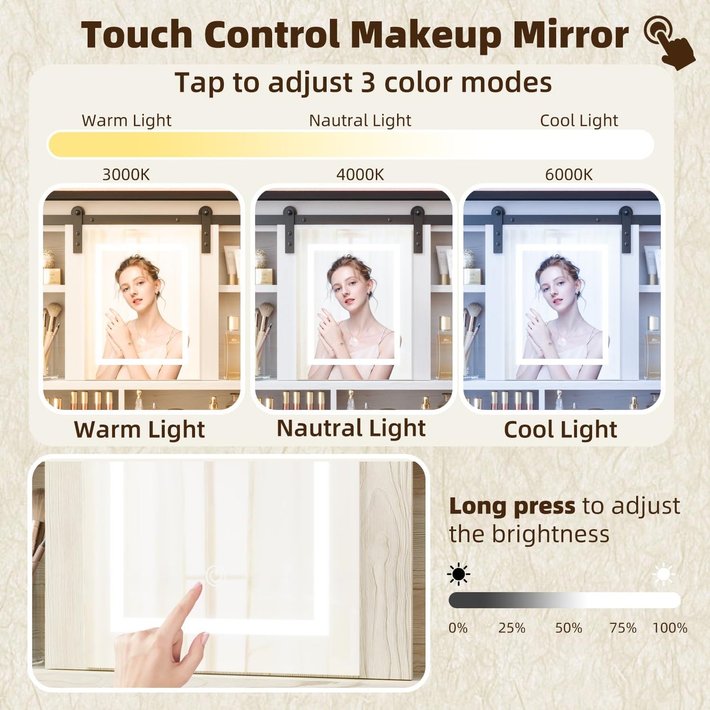 42" Farmhouse Makeup Vanity Desk with Lighted Mirror & Power Strips, Vanity Table with Sliding Barn Door, Open & Hidden Shelves, Drawers, Jewelry Cabinet, White Dressing Table, Light