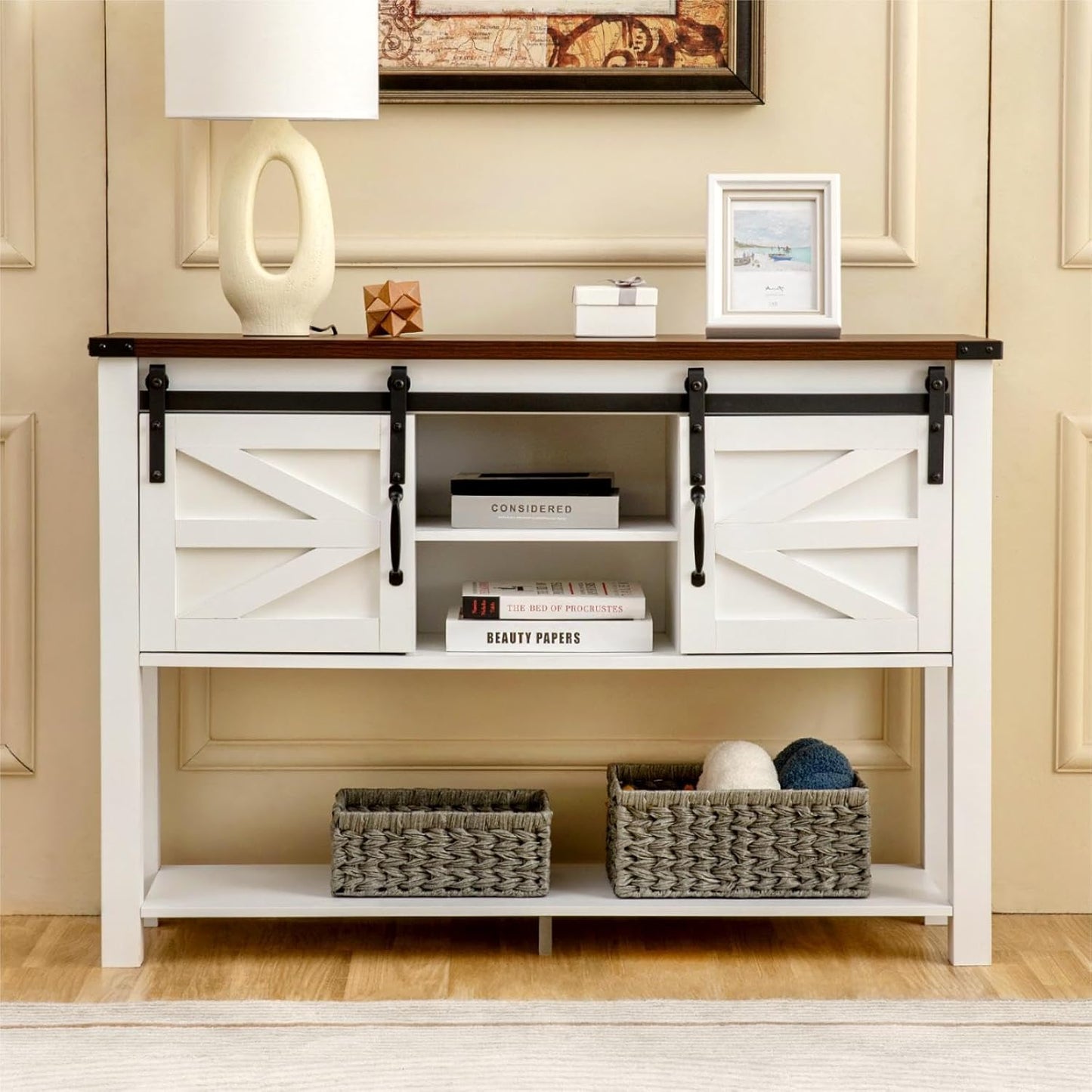Entryway Table with Sliding Barn Doors, 46'' Farmhouse Console Table with Storage, Rustic Sofa Table with Adjustable Shelf & Open Shelf for Entry Way, Hallway, Living Room, White