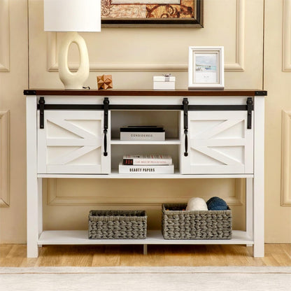 Entryway Table with Sliding Barn Doors, 46'' Farmhouse Console Table with Storage, Rustic Sofa Table with Adjustable Shelf & Open Shelf for Entry Way, Hallway, Living Room, White