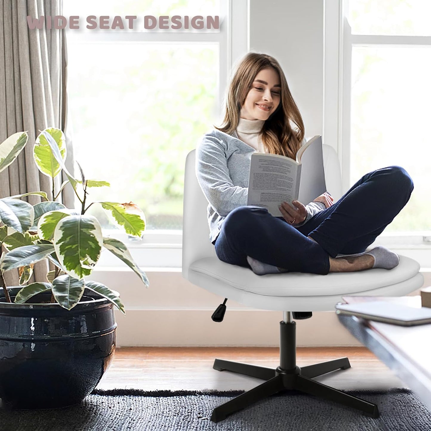 PU Leather Armless Office Desk Chair No Wheels,Criss Cross Legged Wide Padded Seat Swivel Vanity Chair,120°Rocking Mid Back Ergonomic Computer Task Chair for Make Up,Small Space