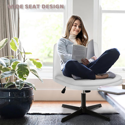 PU Leather Armless Office Desk Chair No Wheels,Criss Cross Legged Wide Padded Seat Swivel Vanity Chair,120°Rocking Mid Back Ergonomic Computer Task Chair for Make Up,Small Space