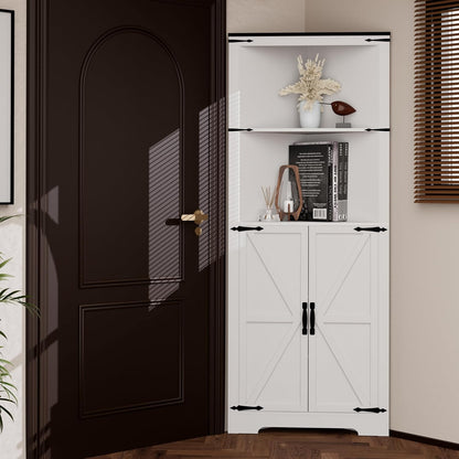 Corner Storage Cabinet 67 Tall, Freestanding Linen Cabinet with 1 Drawer and 4 Doors, Adjustable Shelves for Kitchen, Living Room - Farmhouse Style