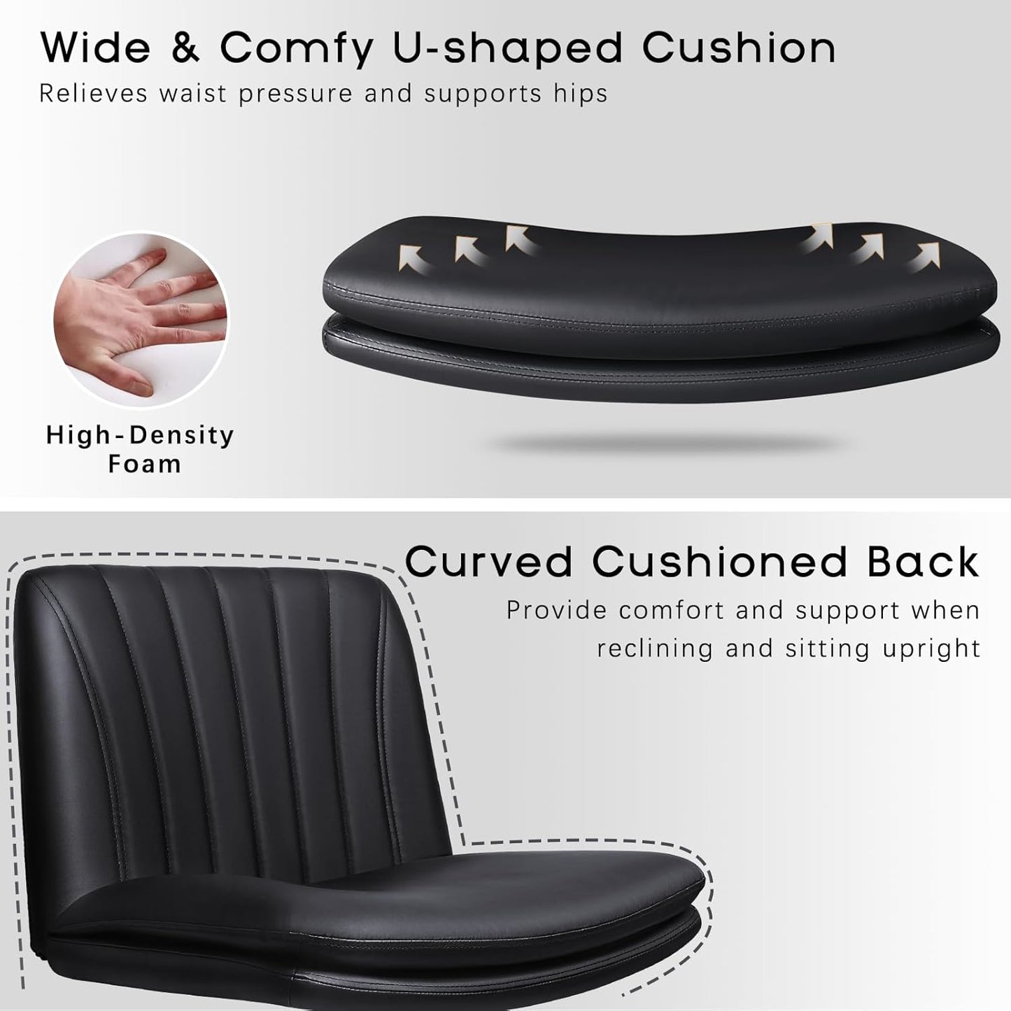 Modern Black Criss Cross Office Chair, Comfy Cross Legged Desk Chair with Wheels, PU Leather Armless Makeup Vanity Chair, Swivel Height Adjustable Mid Back Wide Seat Computer Task Chair