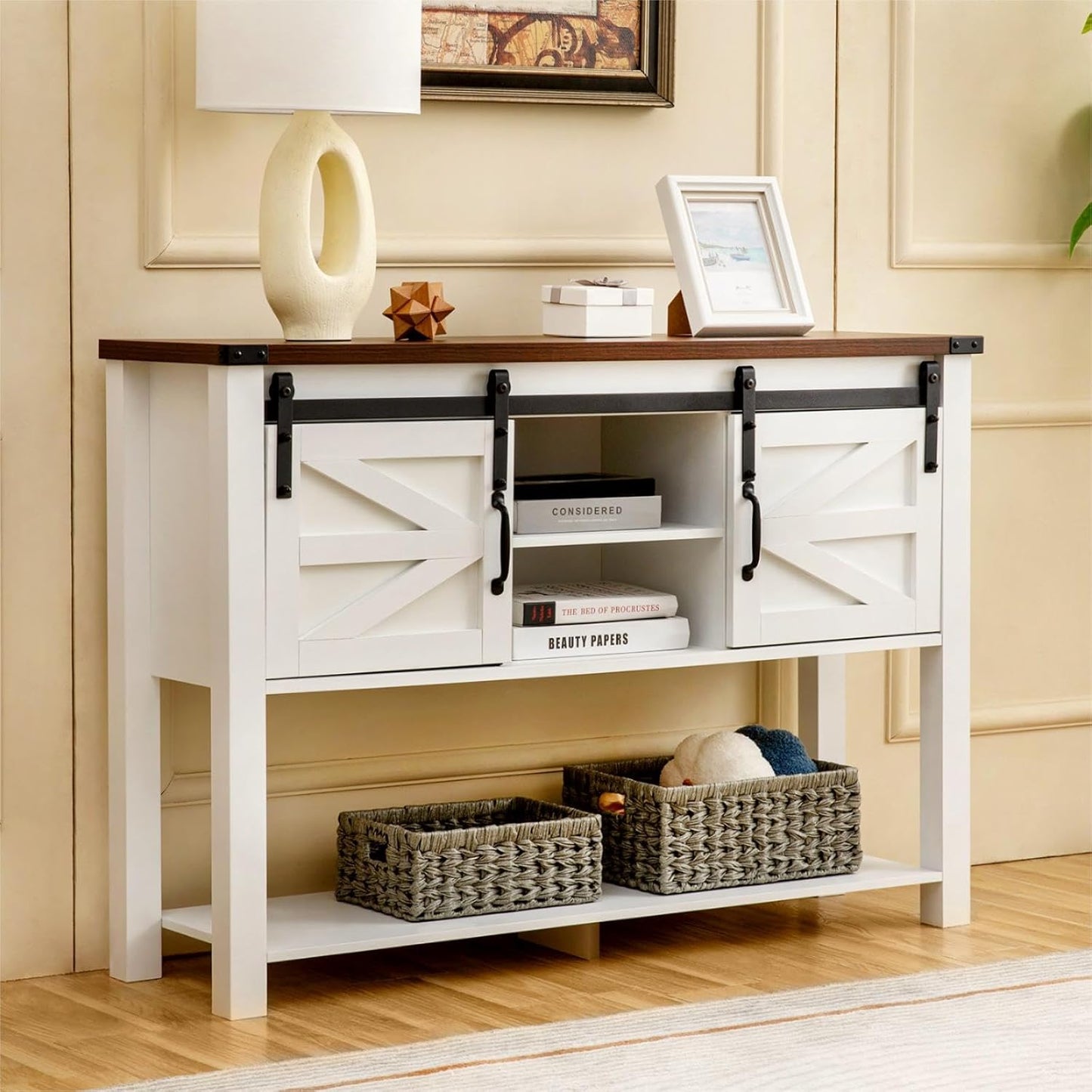 Entryway Table with Sliding Barn Doors, 46'' Farmhouse Console Table with Storage, Rustic Sofa Table with Adjustable Shelf & Open Shelf for Entry Way, Hallway, Living Room, White