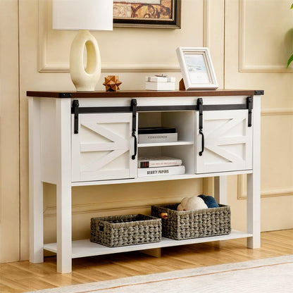 Entryway Table with Sliding Barn Doors, 46'' Farmhouse Console Table with Storage, Rustic Sofa Table with Adjustable Shelf & Open Shelf for Entry Way, Hallway, Living Room, White