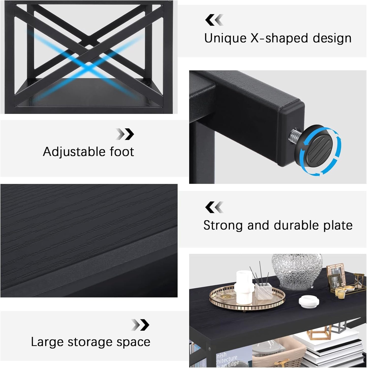 Living Room Coffee Table Set of 3, Industrial X-Design Coffee Table and 2 End Side Tables, 3 Piece Living Room Table Set with Large Storage for Apartment Home (Black)