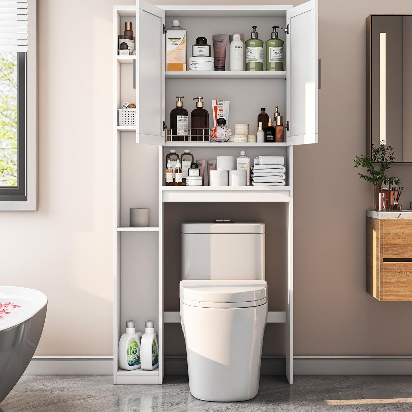 Over The Toilet Storage Cabinet with 7 Storage Shelves, Above Toilet Bathroom Organizer with Toilet Paper Holder Stand, Behind Toilet Cabinet, Space Saver for Restroom, Bathroom, Laundry, White