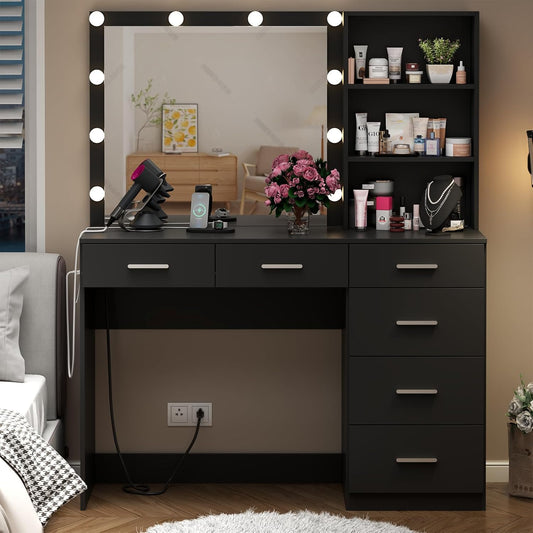 Vanity Desk with Lighted Mirror & Power Outlet, Makeup Vanity Table with 6 Drawers, 3-Tier Shelf, Vanity Dresser with 10 Lights in 3 Lighting Colors for Bathroom, Bedroom,Makeup Room, Black