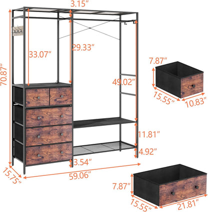 Heavy Duty Clothes Rack with 5 Drawers & 4 Storage Shelves, 70.9Hx59.1W Clothing Rack with 2 Hanging Rods, Wardrobe Closet Rack with 5 Hooks, Freestanding Garment Rack (Rustic Brown)