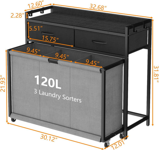 Laundry Hamper Laundry Basket with 3 Section Pull-Out Rolling Bags, Laundry Sorter for Organization and Storage with 2 Pull-Out Drawers for Laundry Room, Bathroom, Bedroom Use (Black)