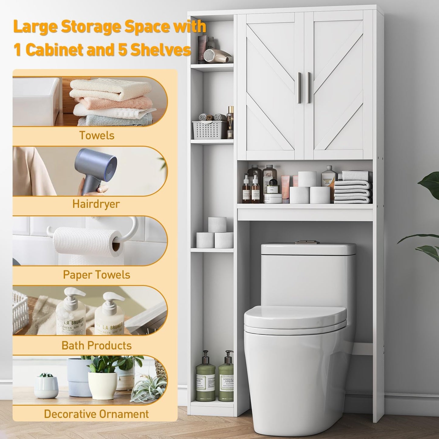 Over The Toilet Storage Cabinet with 7 Storage Shelves, Above Toilet Bathroom Organizer with Toilet Paper Holder Stand, Behind Toilet Cabinet, Space Saver for Restroom, Bathroom, Laundry, White