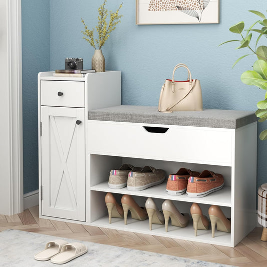 Shoe Storage Bench, 2-Tier Farmhouse Entryway Bench with Lift Top Storage Box, Drawer & Soft Removable Seat Cushion, Silm Shoe Rack with Shoe Cabinet for Entryway, Hallway, Bedroom, White