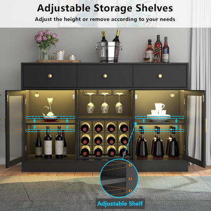 Wine Bar Cabinet with LED Light, Home Coffee Cabinet with Wine and Glass Rack, Kitchen Buffet Sideboard with Storage Cabinet&Drawers, Modern Liquor Cabinet for Living Room Dining Room (Black.)