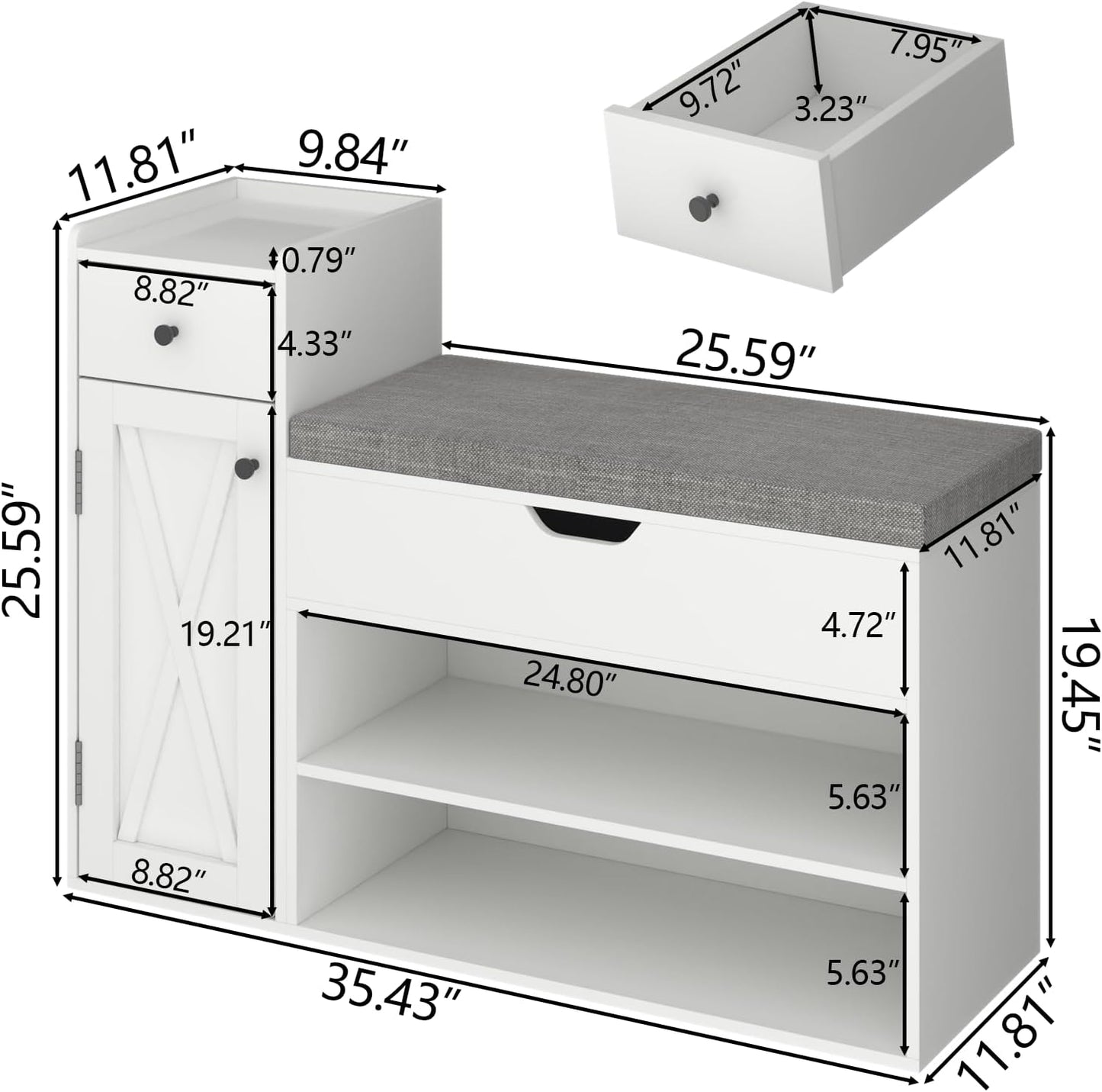 Shoe Storage Bench, 2-Tier Farmhouse Entryway Bench with Lift Top Storage Box, Drawer & Soft Removable Seat Cushion, Silm Shoe Rack with Shoe Cabinet for Entryway, Hallway, Bedroom, White