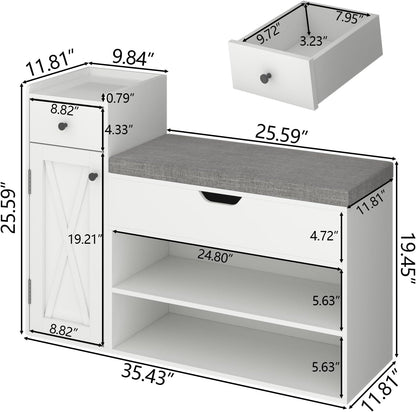 Shoe Storage Bench, 2-Tier Farmhouse Entryway Bench with Lift Top Storage Box, Drawer & Soft Removable Seat Cushion, Silm Shoe Rack with Shoe Cabinet for Entryway, Hallway, Bedroom, White