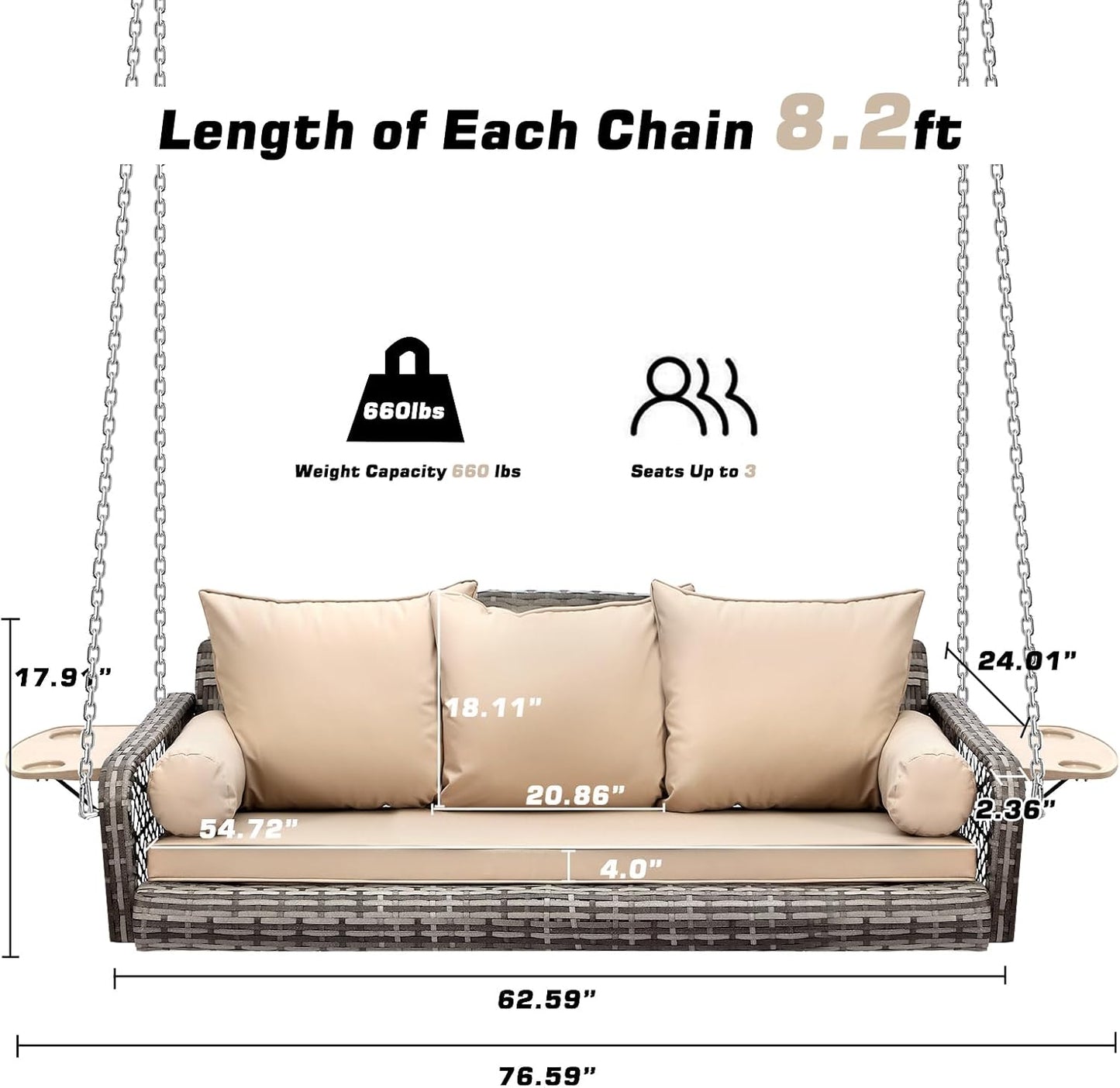 3 Person Porch Swing Patio Wicker Hanging Porch Swing Chair Outdoor Rattan Swing Bench with Cushion and Pillow for Garden, Yard, Lawn (Gray Rattan Khaki Cushion)