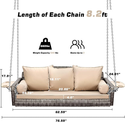 3 Person Porch Swing Patio Wicker Hanging Porch Swing Chair Outdoor Rattan Swing Bench with Cushion and Pillow for Garden, Yard, Lawn (Gray Rattan Khaki Cushion)