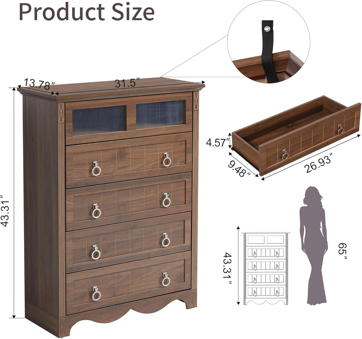 Vintage Style Wooden Chest of Drawers Storage Cabinet with Metal Ring Handles